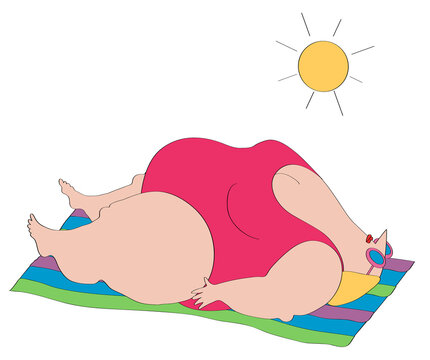 Overweight woman in swimsuit sunbathing