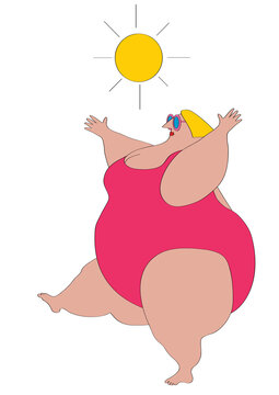 Overweight woman wearing swimsuit exercising, illustration