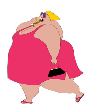 Overweight woman eating hamburger, illustration