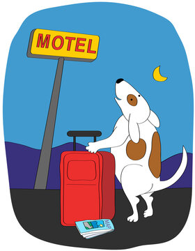 Dog with suitcase looking at motel sign at night, illustration