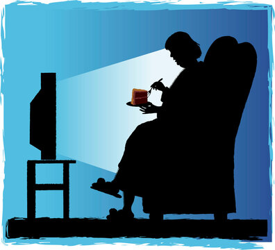 Silhouette of woman watching TV and eating cake, illustration