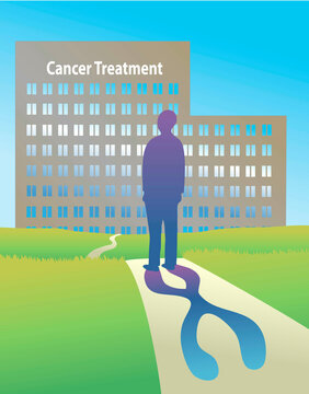Cancer genetics, hospital building, illustration