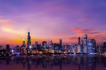 Fototapeta na wymiar Chicago, Illinois, USA- Downtown skyline from lake Michigan, Chicago downtown skyline at dusk,