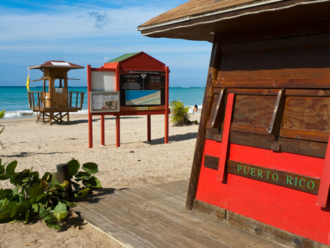 Beach pavilions and a lifeguard hut on the beach, Carolina Beach, Carolina, Puerto Rico