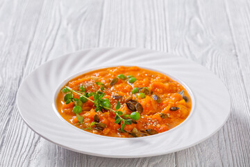 roast sweet potato and carrot soup with green peas