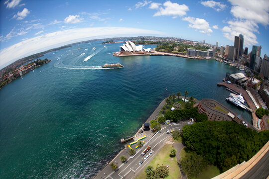 Aerial view of a harbor, Sydney Harbor, Sydney opera house, Sydney, New South Wales, Australia