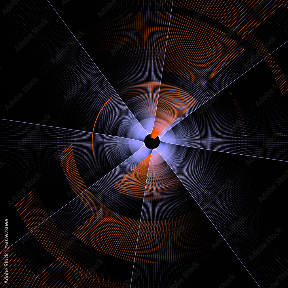 Poster blue and orange abstract propeller blades rotate on a black background. abstract fractal background.