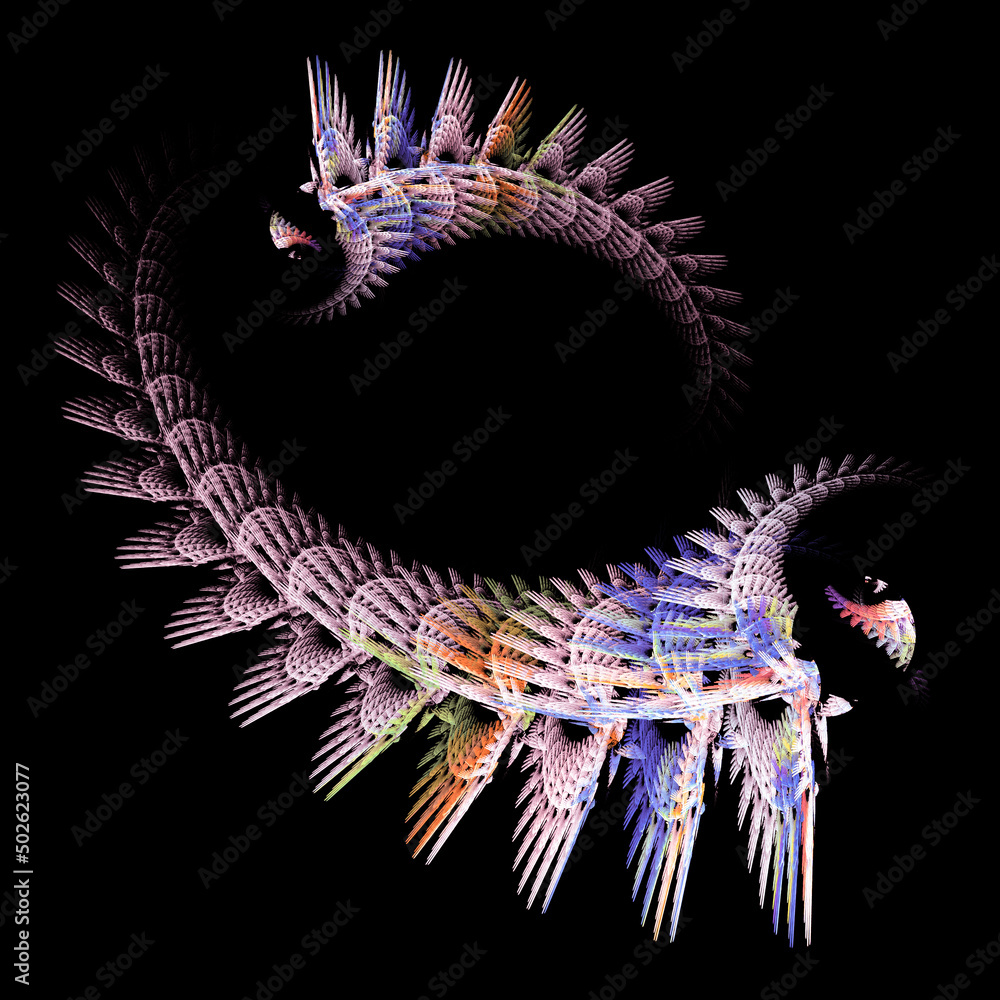 Poster abstract ancient sea creatures arranged in a circle on a black background. scales and fins create an
