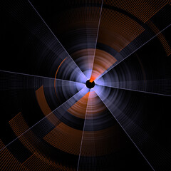 Blue and orange abstract propeller blades rotate on a black background. Abstract fractal background. 3d rendering. 3d illustration.