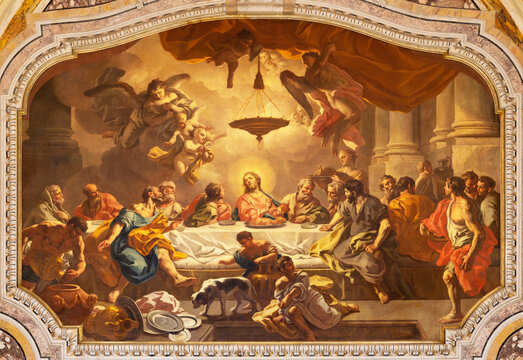 MONOPOLI, ITALY - MARCH 5, 2022: The painting Last Supper in Cathedral - Basilica di Maria Santissima della Madia by Francesco de Mura (1696 - 1782).