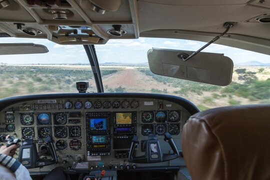 View of Serengeti National Park from helicopter cockpit, Tanzania