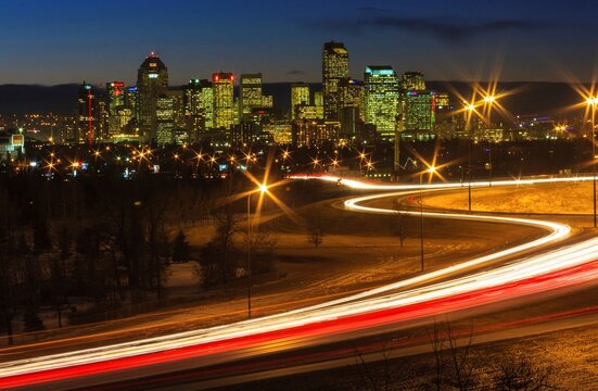 City lit up at night, Calgary, Alberta, Canada
