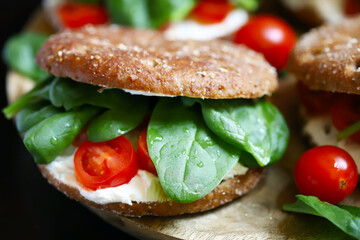 Healthy sandwiches with spinach, tomatoes and Philadelphia cheese. Delicious healthy food. keto...