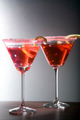 Two glasses of cocktail with lemon peels