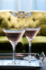 Close-up of chocolate cocktails on a serving tray