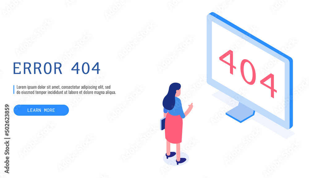 Poster woman watching page not found message on computer. 404 error. isometric vector.