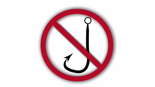 vector video (animation) of a prohibition sign with a crossed out fishing hook. (do not fish)