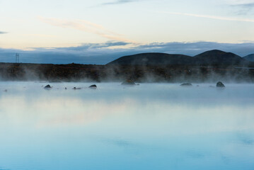 Blue Lagoon (Bláa lónið), geothermal spa attraction located in a lava field in Grindavík on the Reykjanes Peninsula, Iceland. - obrazy, fototapety, plakaty