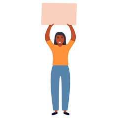 The girl protests with a banner. Girl holding a blank poster with place for text.Vector flat illustration. Isolated on white background.