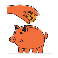 Hand putting coin a piggy bank.Save money concept.Human hand put money.Isolated on white background. Vector flat illustration.