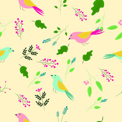High quality vector pattern with birds and leaves.
