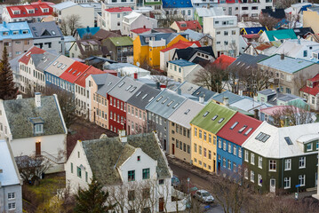 Scenic view of Reykjavik downtown, capital city of Iceland from the tower of Hallgrimskirkja church.