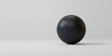 Black round stone ball on a white background. layout or template. 3d rendering