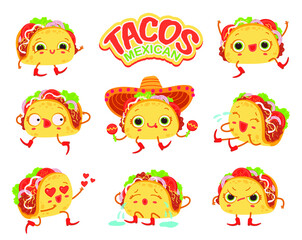 Banner or poster with lettering and set of cartoon taco characters with different emotions. Mexican traditional food. Flat vector illustration isolated on white background