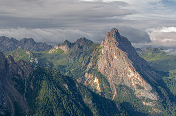 Fototapeta premium Colac mountain, 2,715 meters, as seen from Rifugio Val del Pan, Colac-Buffare subgroup, part of Marmolada group, Dolomites, Canazei, Trentino, Alto-Adige, South Tyrol, Italy