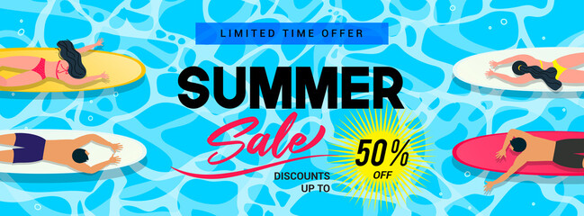 Summer sale banner vector illustration. Top view people surfing - obrazy, fototapety, plakaty
