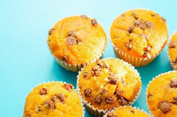 Delicious vanilla muffin cupcakes with chocolate chip, freshly baked mini pastries