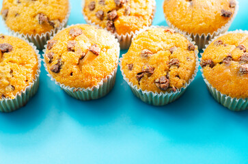 Delicious vanilla muffin cupcakes with chocolate chip, freshly baked mini pastries