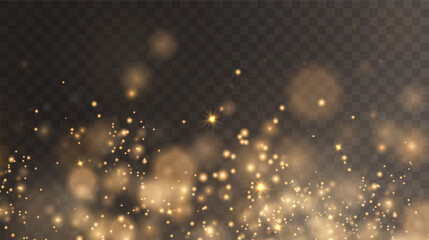 Christmas background. Powder PNG. Magic shining gold dust. Fine, shiny dust bokeh particles fall off slightly. Fantastic shimmer effect.