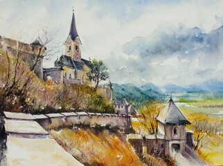 Hand drawn watercolor colorful castle with church and towers on the hill.