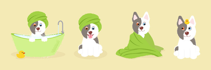 dogs pets friendly vector illustration design set in the bathroom with a duck