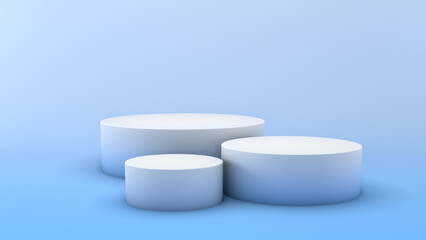 Mockup of three different round podiums. Scene template for advertising and presentation, 3D illustration