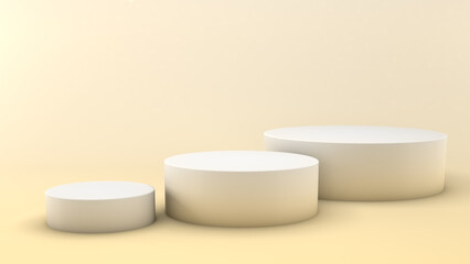 Mockup of three different round podiums. Scene template for advertising and presentation, 3D illustration