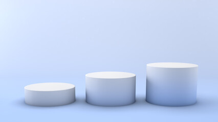 Mockup of three different round podiums. Scene template for advertising and presentation, 3D illustration