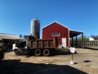 Wrights Dairy Farm and Bakery, North Smithfield, RI Rhode Island, USA, Traditional American Farm, Red Barn, Dump Truck, Milk Silo
