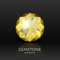 Vector Banner with 3d Realistic Yellow Transparent Gemstone, Diamond, Crystal, Rhinestones Closeup on Black. Jewerly Concept. Design Template, Clipart