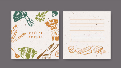 Blank sticker pages for making notes about meal preparation and cooking ingredients. Recipe sheets decorated with kitchen utensils and vegetable drawings - 502628689