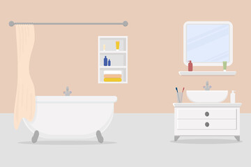 Fototapeta na wymiar a large white bathtub with a tap and a curtain and a shelf with towels and cosmetics and mirorr