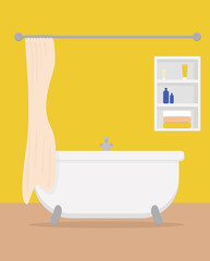 Fototapeta na wymiar a large white bathtub with a tap and a curtain and a shelf with towels and cosmetics