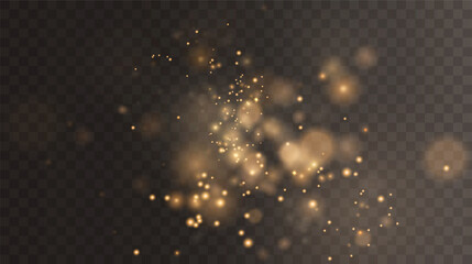 Christmas background. Powder PNG. Magic shining gold dust. Fine, shiny dust bokeh particles fall off slightly. Fantastic shimmer effect. - obrazy, fototapety, plakaty