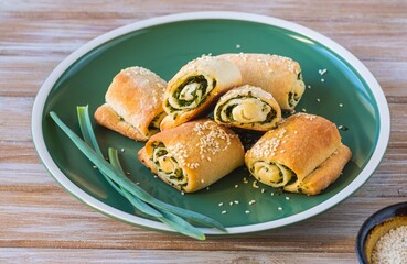 Yeast twisted buns with green onions sprinkled with sesame seeds on a green ceramic plate on a...