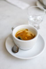 A cup of espresso and a glass of water after coffee.