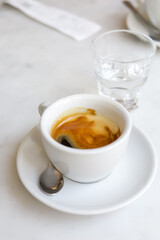 A cup of espresso and a glass of water after coffee.