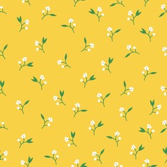 Seamless vintage pattern. Small white flowers, green leaves. Yellow background. vector texture. fashionable print for textiles, wallpaper and packaging.