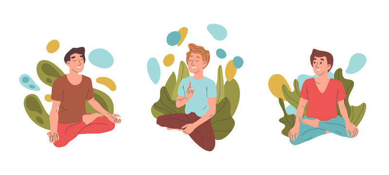 Relaxing male meditating characters, peaceful lotus pose yoga meditation. Cartoon people breath training, and yoga practice vector symbols illustrations set. Peaceful yoga meditation