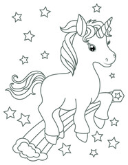 Fototapeta na wymiar Cute pony unicorn rainbow coloring page for kids
